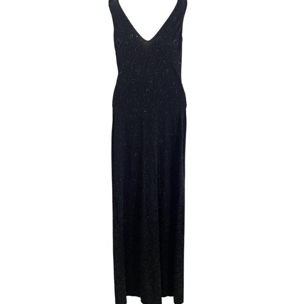 Cache‎ Halter Beaded Dress S Black Maxi Vintage Gown Y2K 80s Whimsigoth Feminine